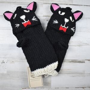 Australian merino wool black cat/critter fingerless convertible gloves mittens